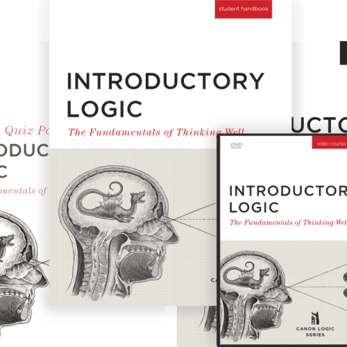 This is an image of all the products in Introductory Logic Package, which includes the student textbook, teacher's edition, tests and quizzes, and DVD.