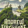 Andrew and the Firedrake by Douglas Wilson. We see a boy with a sword and shield standing on a cliff with a unicorn at his side. He looks out to the ocean to another cliff with a castle and towards the sky, where there is a dragon (Firedrake).